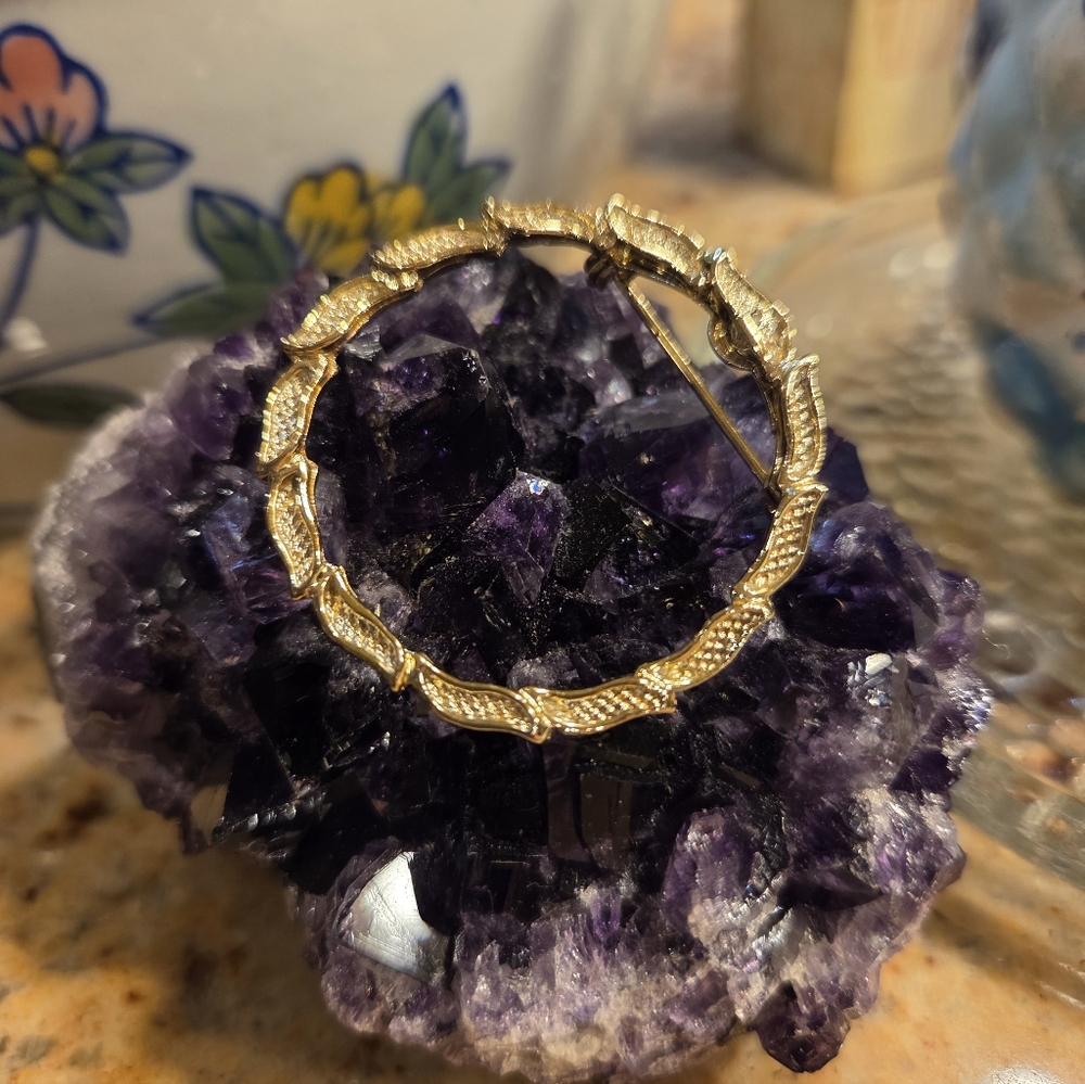 Gold Textured Circle Brooch Vintage